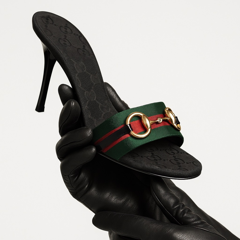 Gucci GG Canvas Web Horsebit High Heel Sandals w/ Black Patent Leather Trim